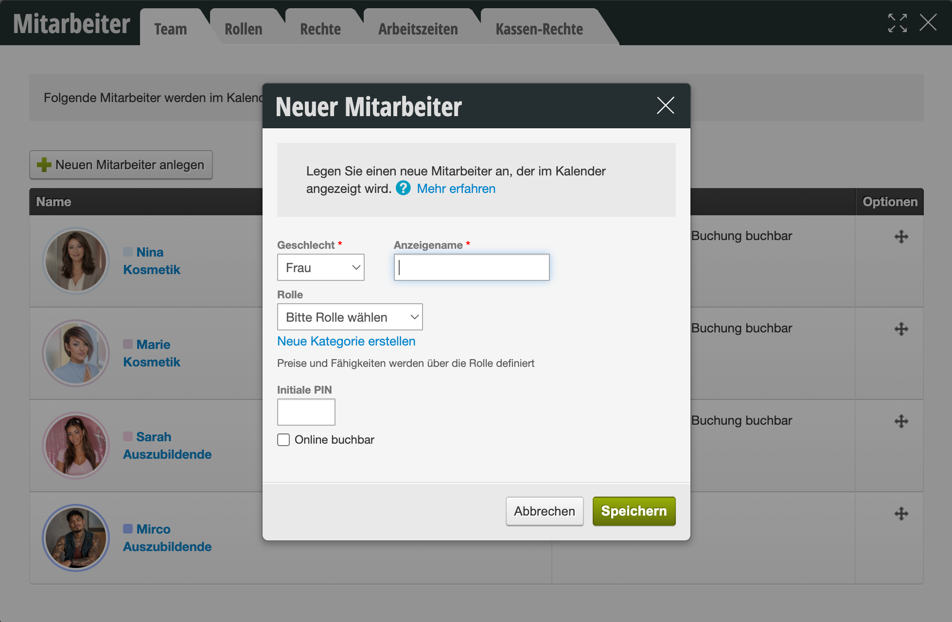 Dialog window for adding a new employee with fields for gender, display name, role, PIN and online bookable option