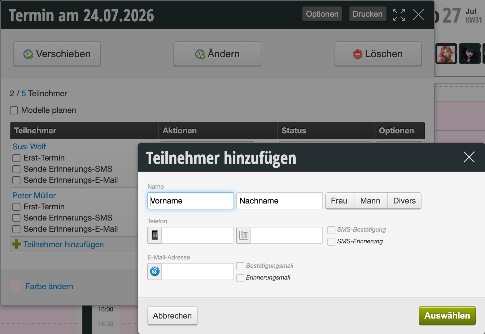 Dialog for adding a course participant with fields for name, phone and email address