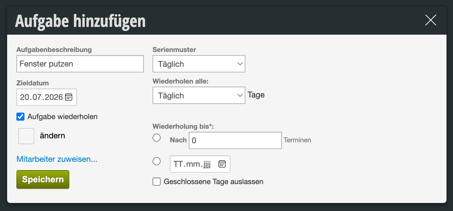 Dialog zum Hinzufügen einer Aufgabe mit Feldern für Beschreibung, Zieldatum, Serienmuster und Wiederholungsoptionen