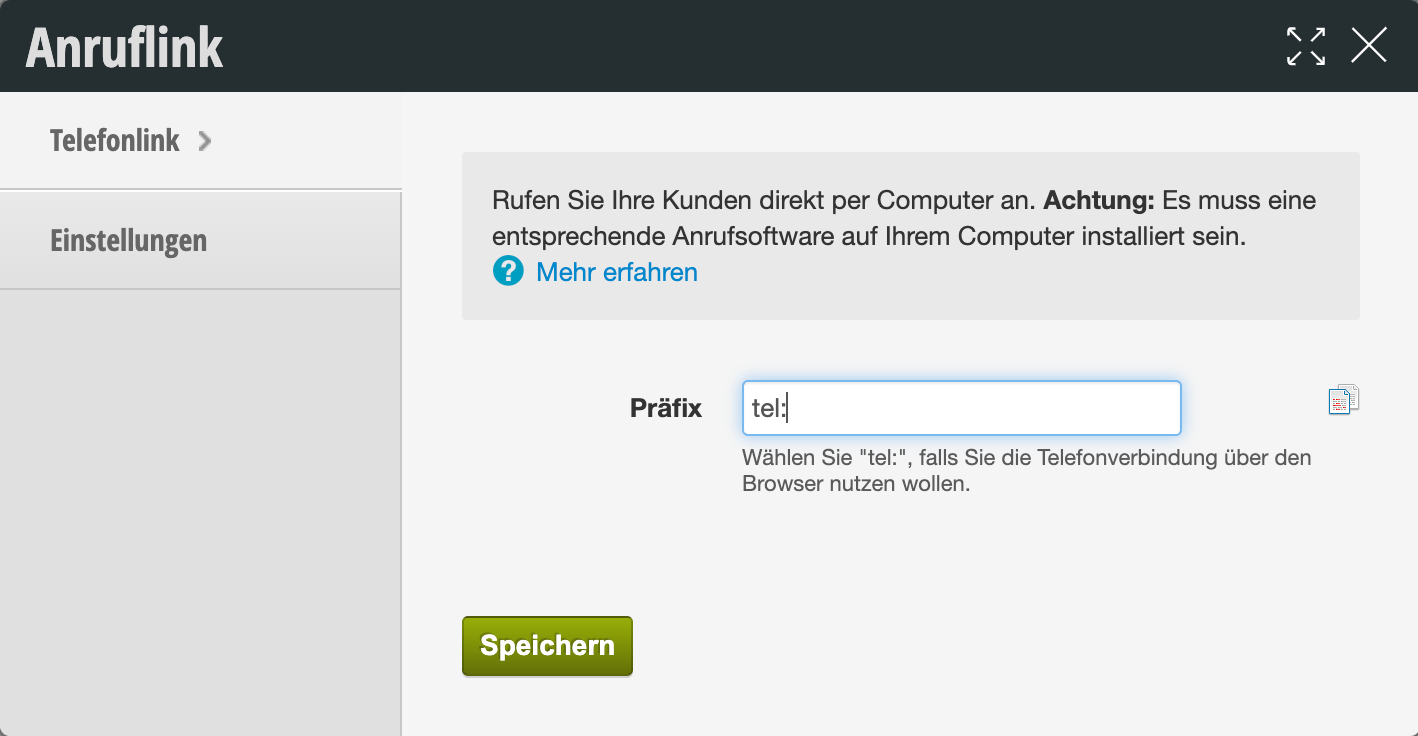 Settings form for call link with prefix input field where 'tel:' is entered, and Save button
