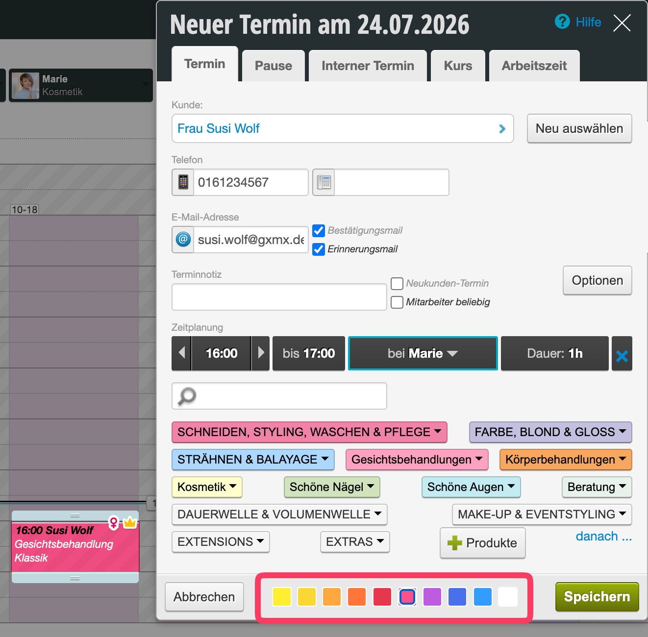 Color selection palette at the bottom of the appointment details dialog with various colors for manual appointment coloring