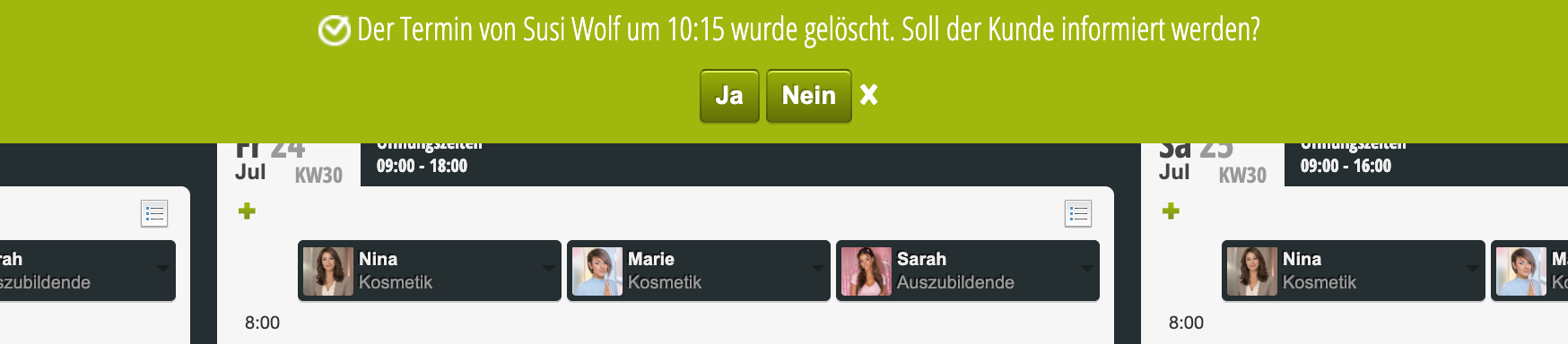 Confirmation dialog for deleting an appointment from Susi Wolf at 10:15 with the question of whether the customer should be notified