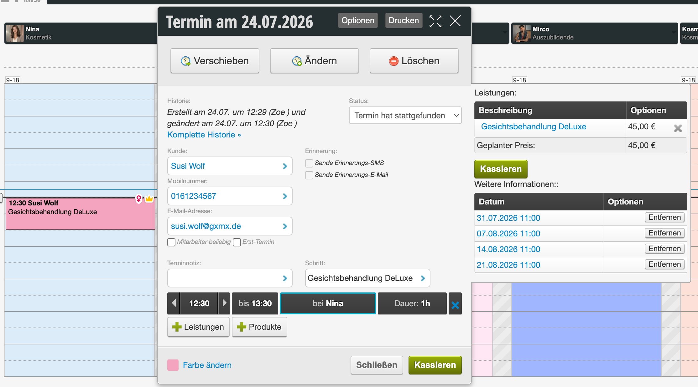 Termindetail-Dialog für einen Termin am 24.07.2026 mit Kundeninformationen, Leistungsbeschreibung und einer Übersicht geplanter Folgetermine zur Verwaltung von Serierterminen