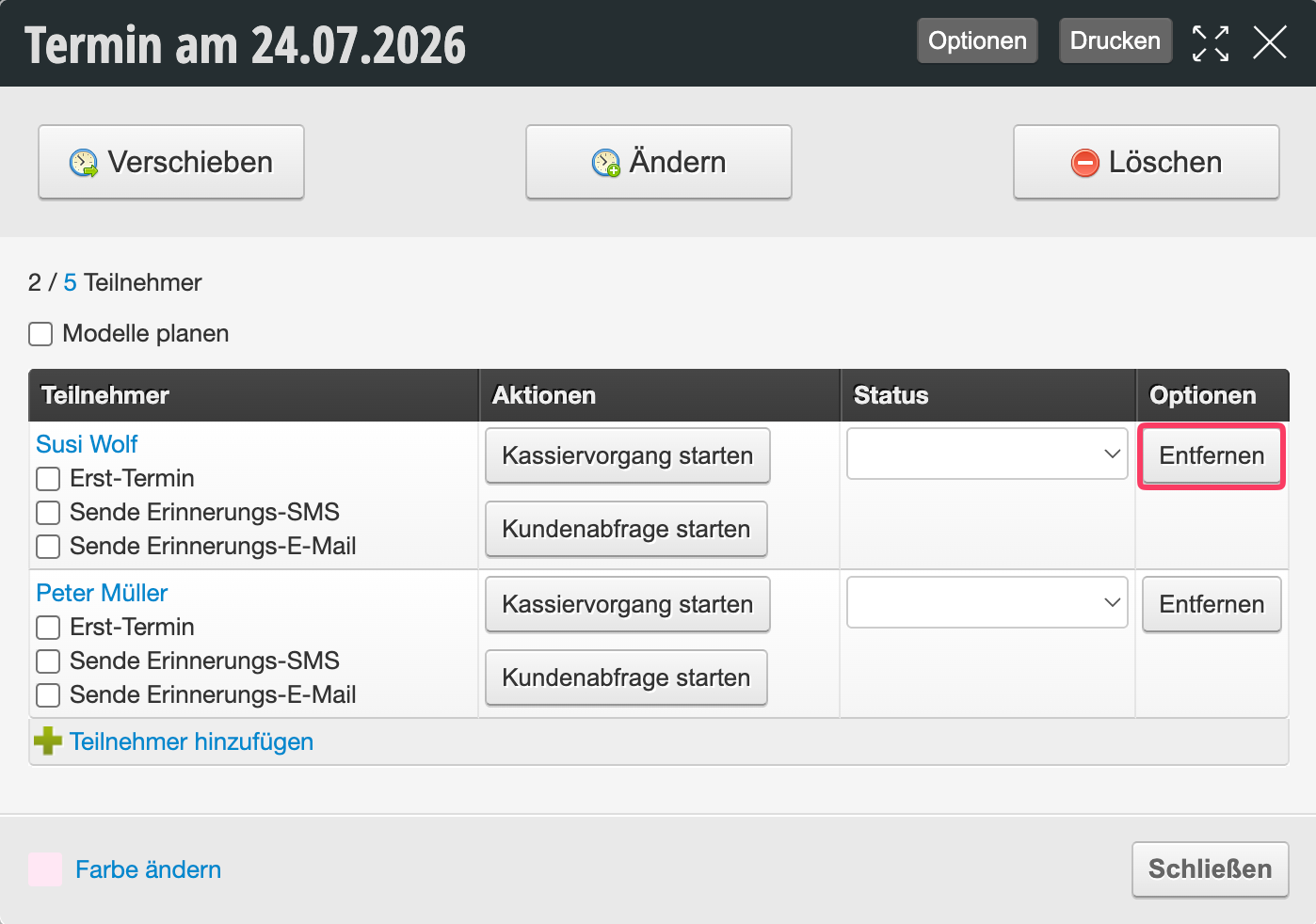 Appointment on 07/24/2026 with 2 of 5 participants (Susi Wolf and Peter Müller), action buttons to move, edit and delete as well as options for starting payment processing