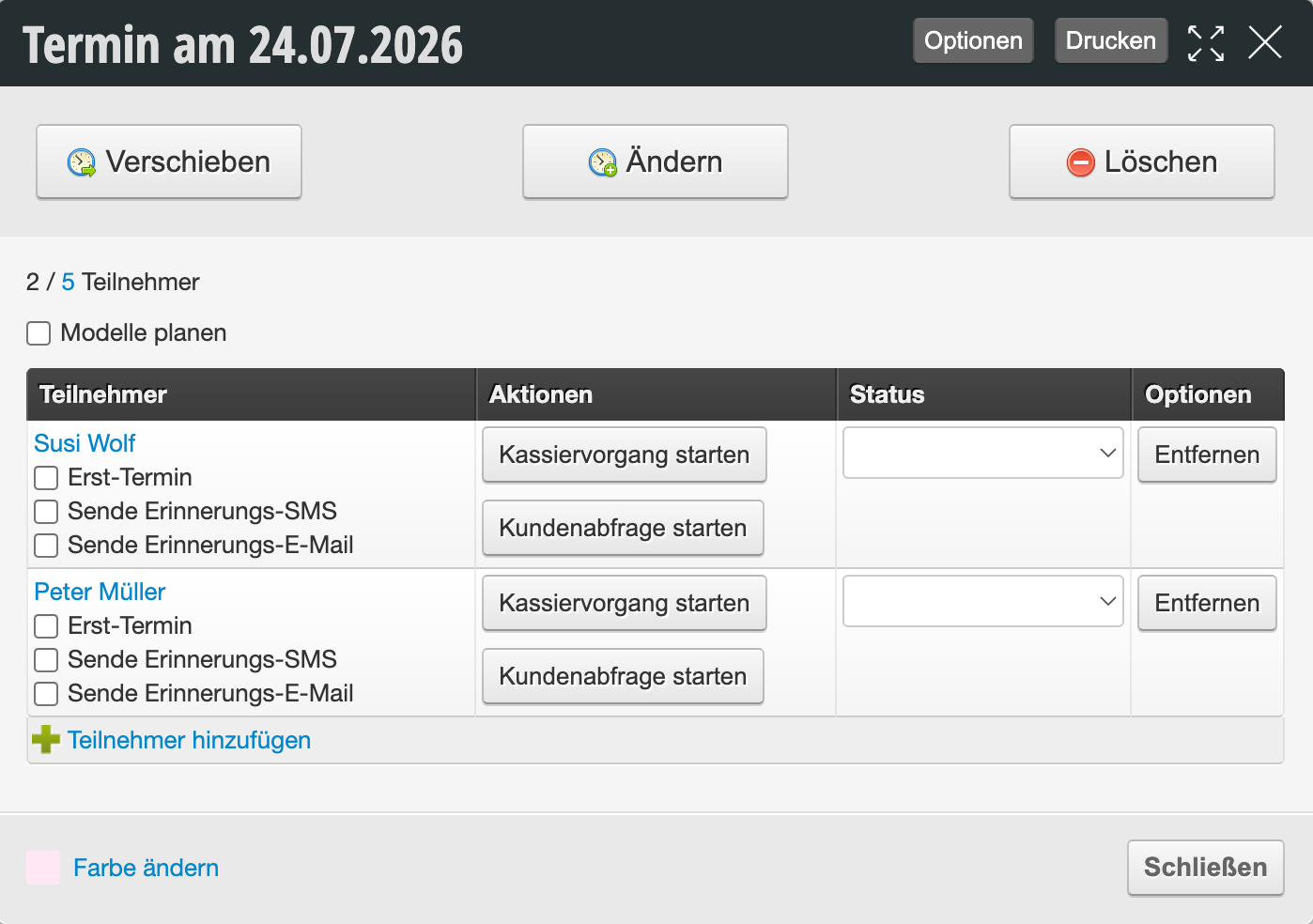 Appointment details from 07/24/2026 with 2 of 5 participants (Susi Wolf and Peter Müller), action buttons for starting payment transactions and customer inquiries as well as options to move, edit and delete the appointment