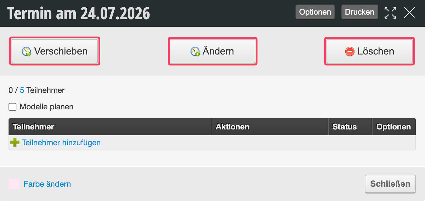 Appointment on 07/24/2026 with options to move, edit and delete, as well as participant management with 0 of 5 spots filled