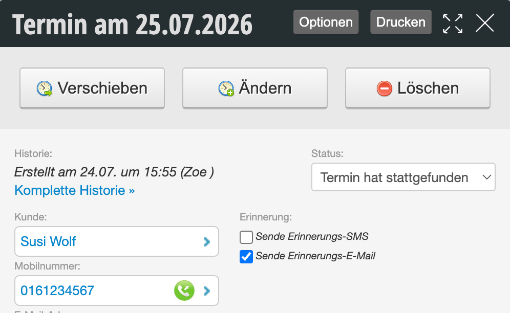 Appointment details view with customer data, mobile number and reminder options for 25.07.2026