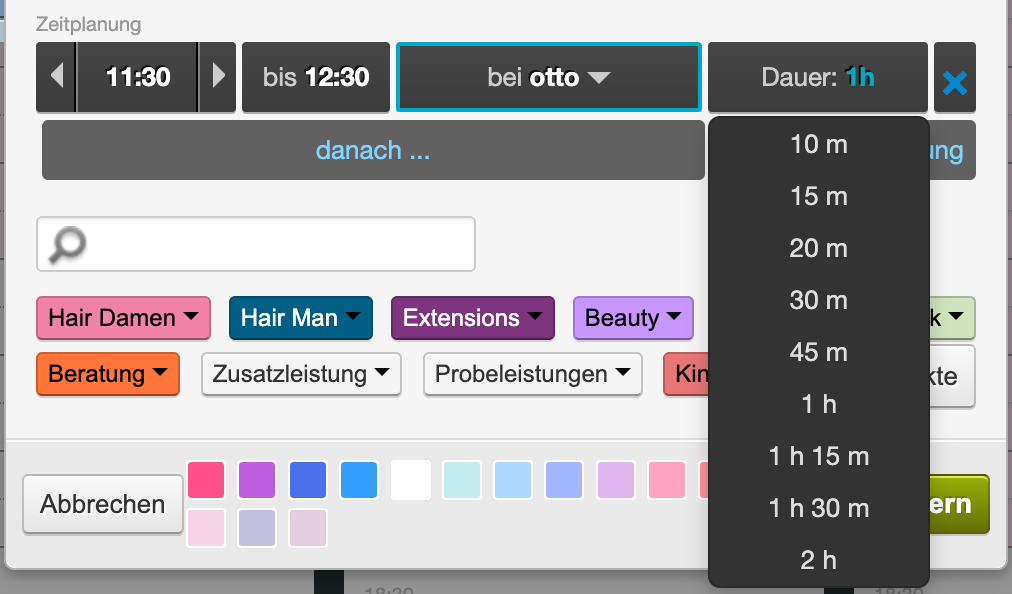 Dropdown menu with time templates for appointment duration: 10m, 15m, 20m, 30m, 45m, 1h, 1h15m, 1h30m, 2h