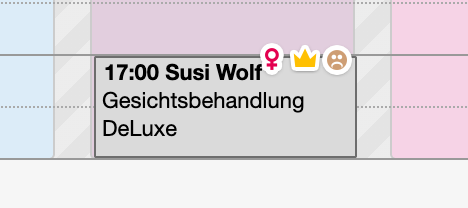 Calendar appointment at 17:00 for Susi Wolf with the service 'Facial Treatment DeLuxe' colored in pink