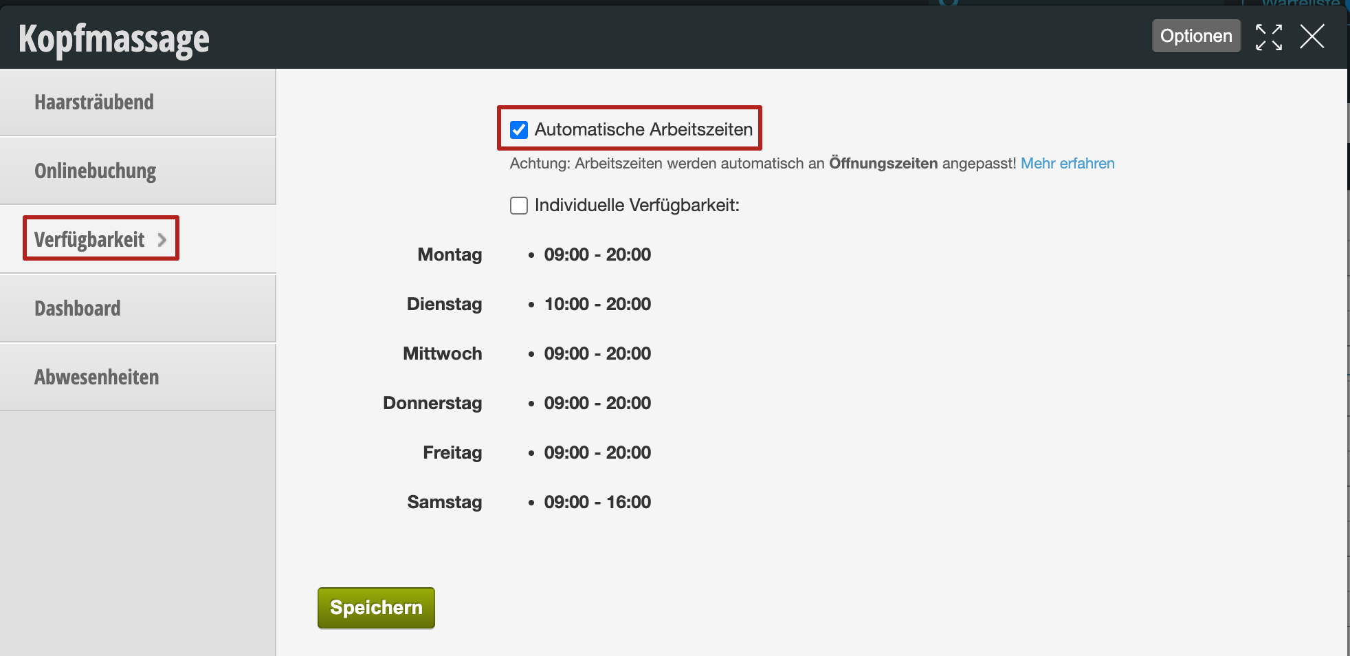 Verfügbarkeit-Einstellungen für Kopfmassage mit aktivierten automatischen Arbeitszeiten und Öffnungszeiten von Montag bis Samstag