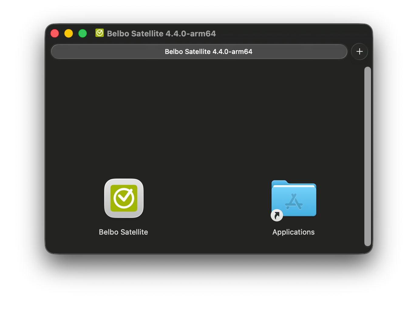 macOS Finder window with Belbo Satellite 4.4.0-arm64 installation, showing Belbo Satellite app and Applications folder