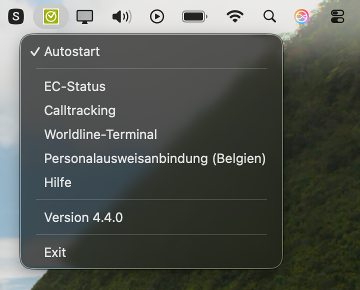 Belbo Satellite menu on macOS with options for Autostart, EC status, Call tracking, Worldline Terminal, ID card integration and version 4.4.0
