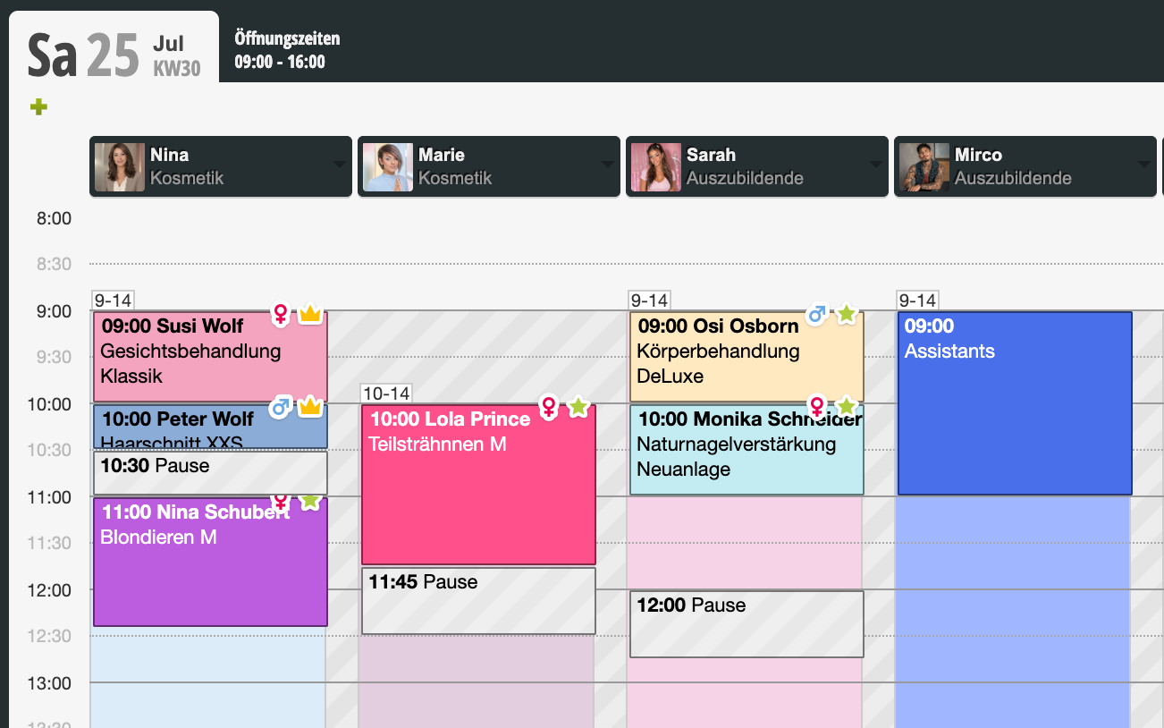 Weekly calendar shows Saturday July 25 with appointments from four employees (Nina, Marie, Sarah, Mirco) and various services such as cosmetics and training between 9:00-16:00.