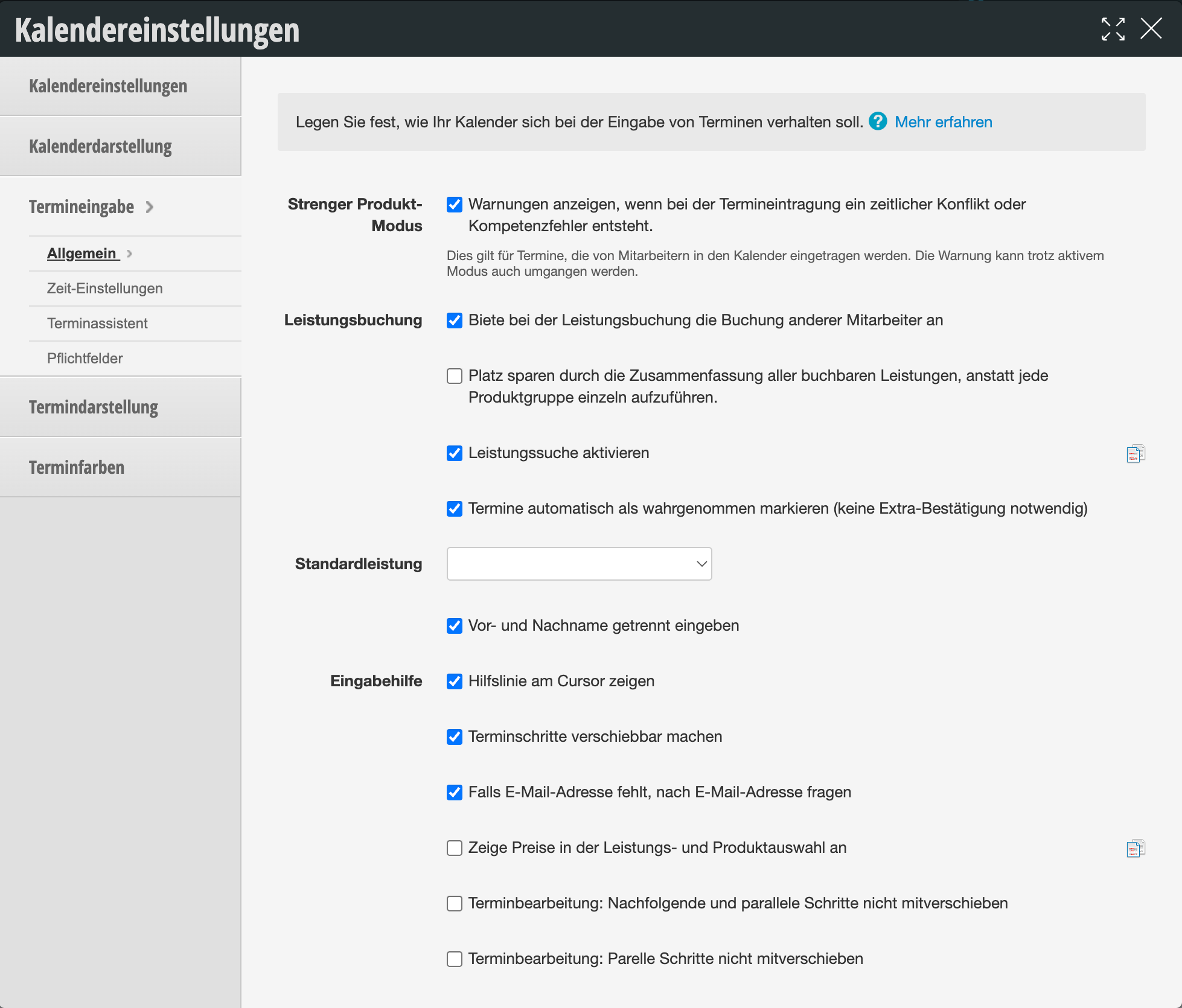 Calendar settings for appointment entry with options for Strict Product Mode, Service Booking, Default Service and Input Help