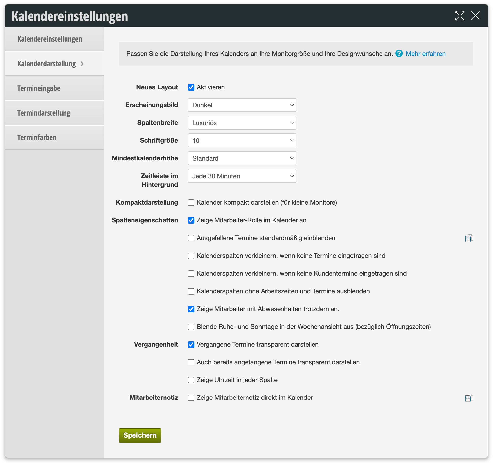 Calendar settings dialog with options for display, layout, column width, font size and other display options