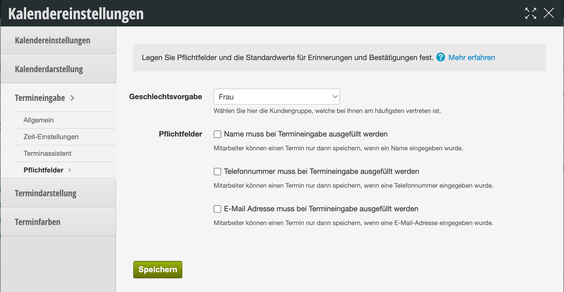 Calendar settings for appointment entry: gender default and mandatory fields (name, phone number, email) with checkboxes