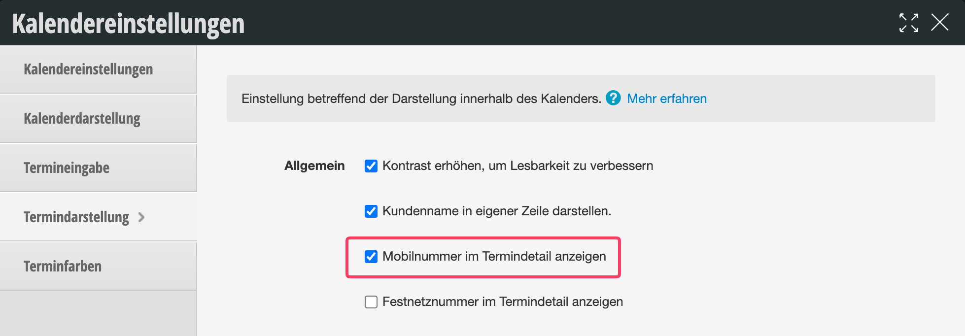Calendar settings with enabled option 'Display mobile number in appointment details' highlighted in red box