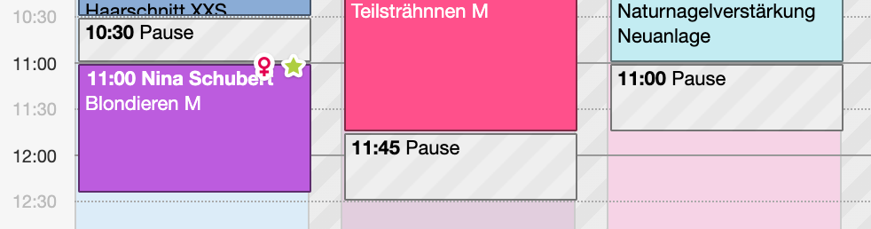 Belbo calendar view shows different appointment types: haircut with break, customer appointment with Nina Schubert, course highlights M and natural nail reinforcement new application with break times