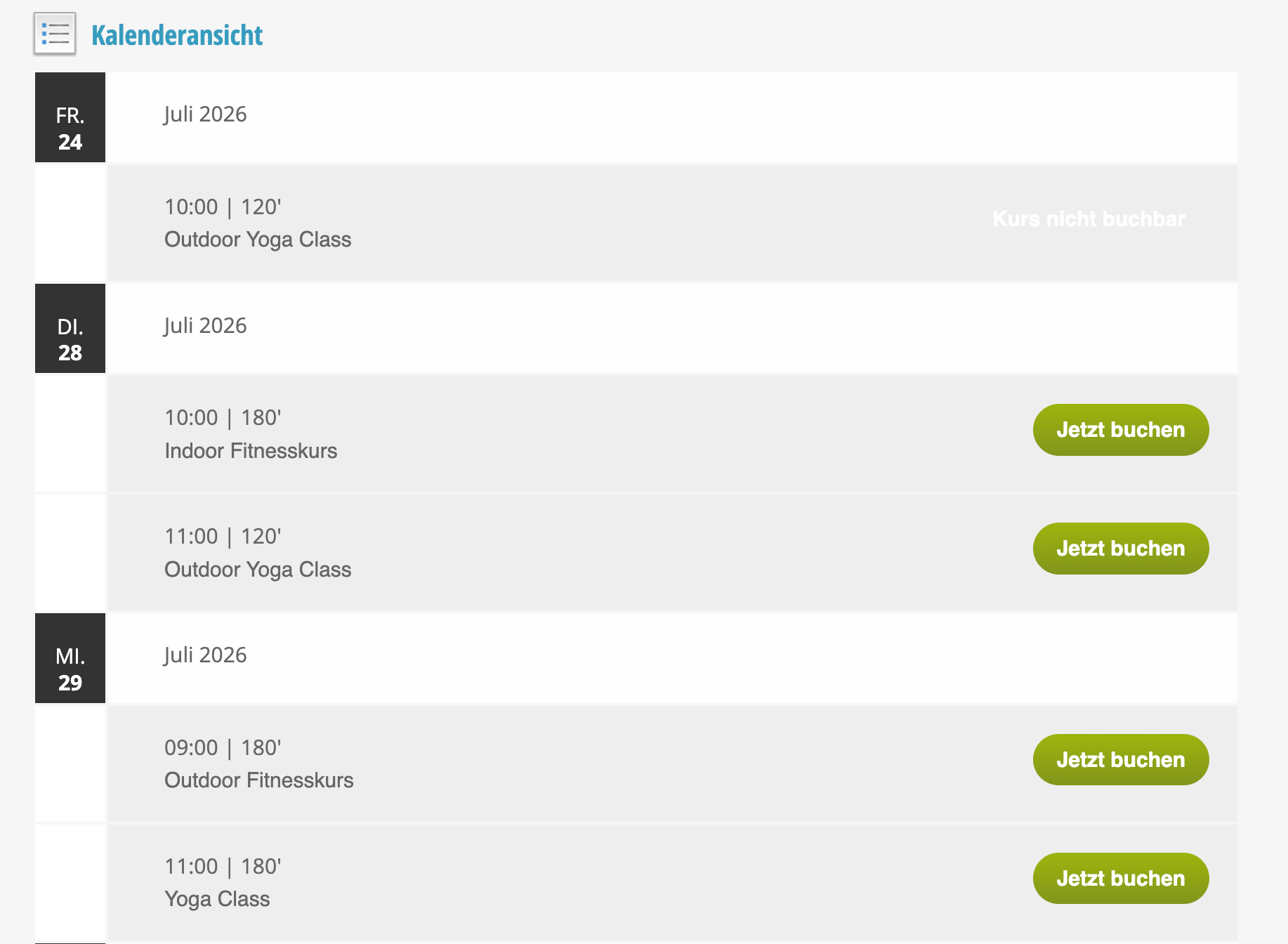 Calendar view for July 2026 with several courses such as yoga and fitness courses, some with booking button and note about fully booked courses