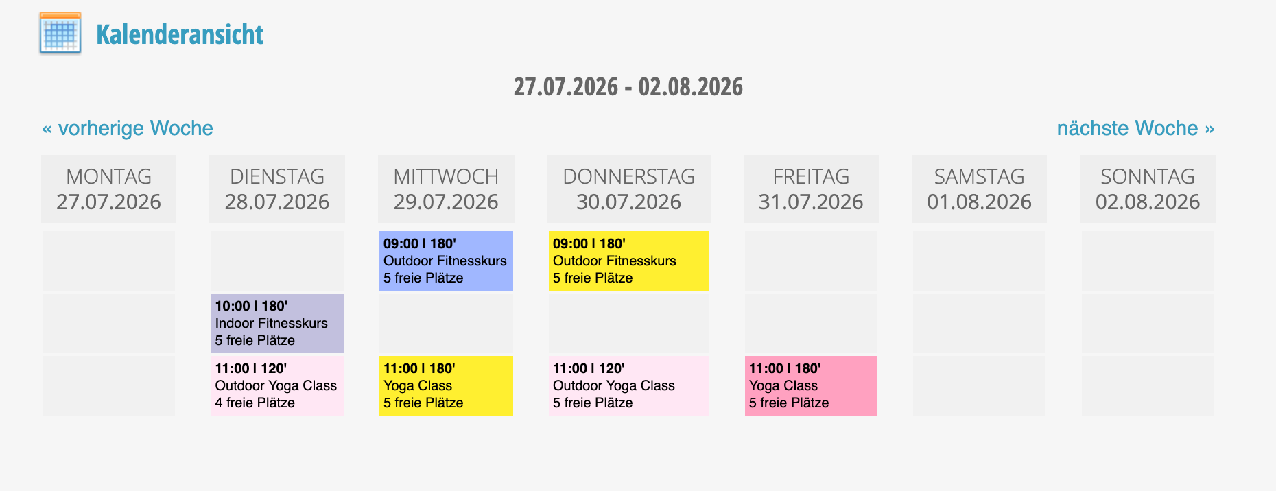 Weekly calendar from 07/27/2026 to 08/02/2026 with various fitness and yoga courses on different days with times, duration and available spots