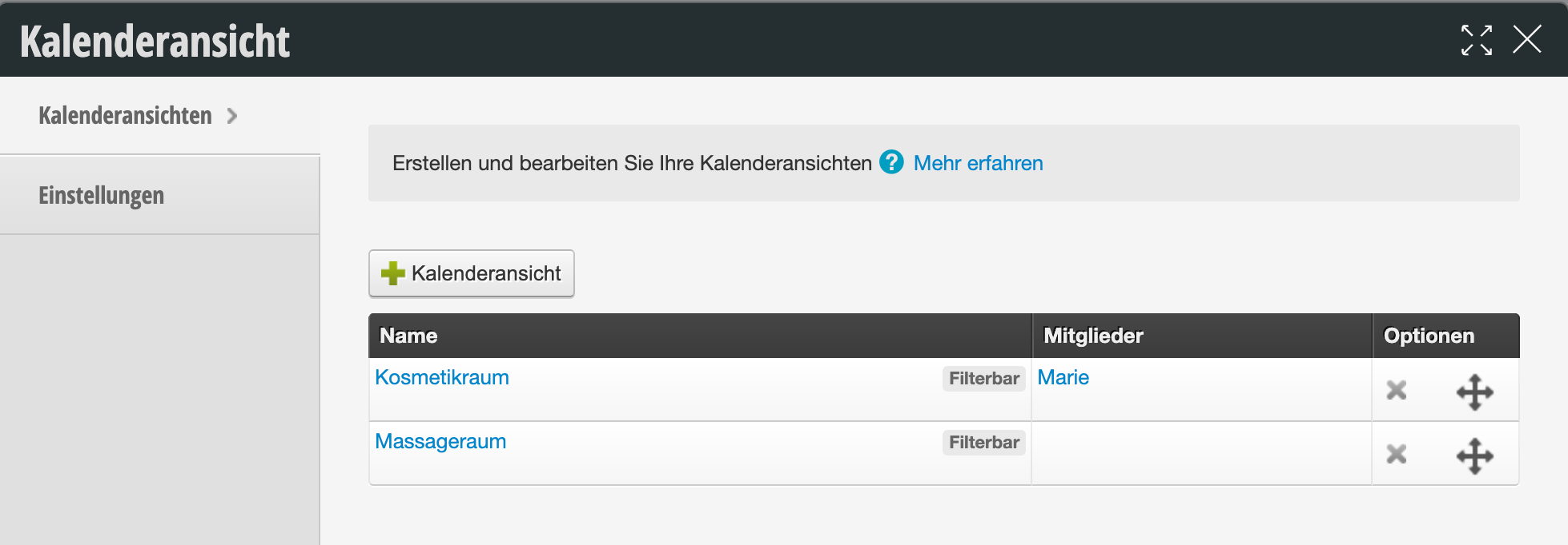 Kalenderansicht-Verwaltung mit zwei Kalendergruppen: Kosmetikraum (mit Mitglied Marie) und Massageraum, jeweils mit Filterbar-Option und Bearbeitungsbuttons