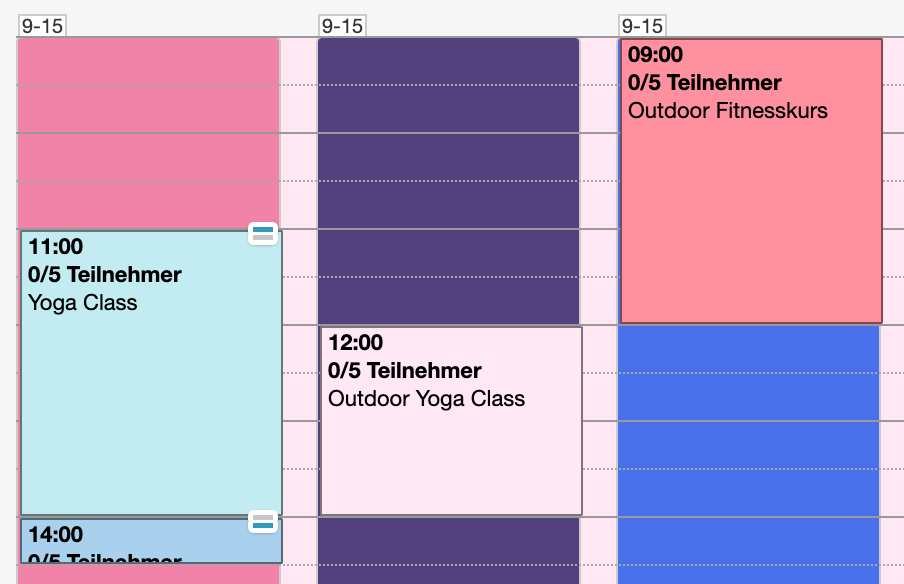 Calendar view with different appointment types: Yoga Class, Outdoor Fitness Course and Outdoor Yoga Class with participant numbers and times