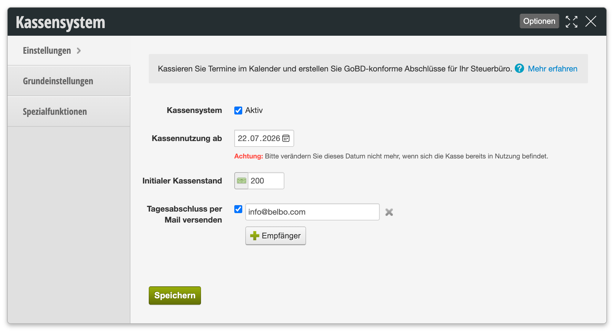 Cash register system basic settings with activation status, cash register usage date 22.07.2026, initial cash balance 200 and daily close-out email dispatch