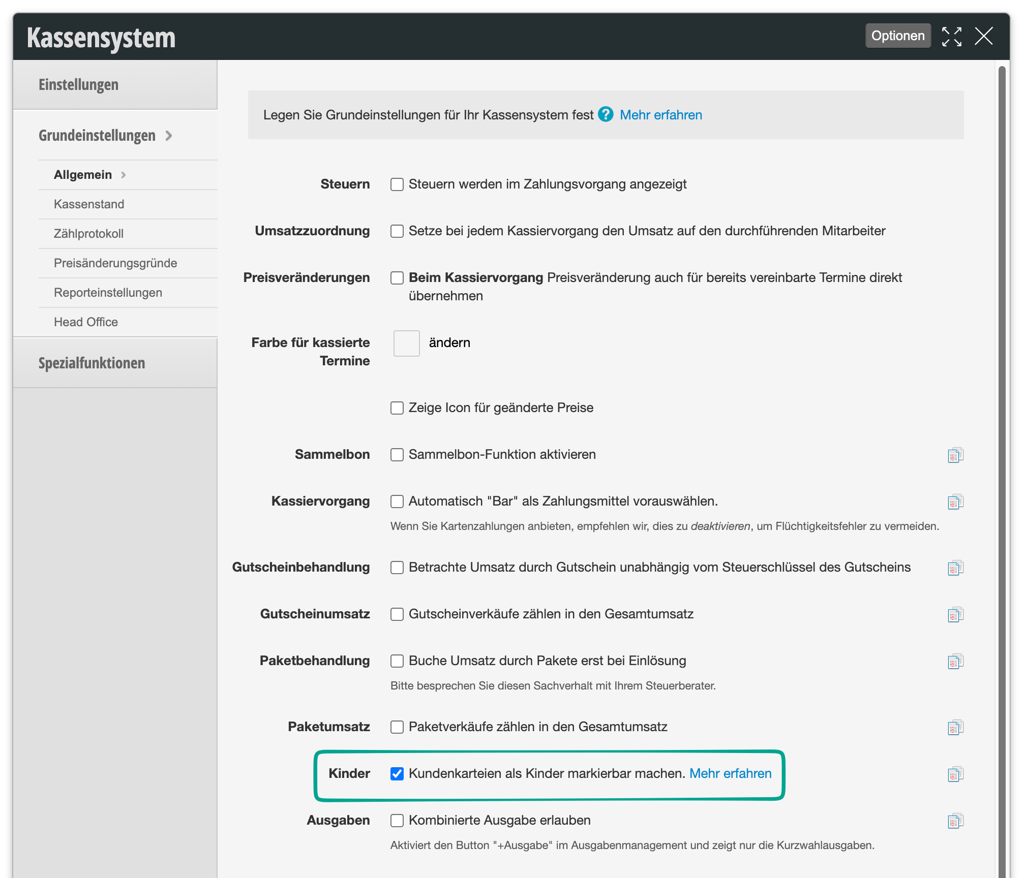 Cash system settings with enabled option 'Make customer records markable as children'
