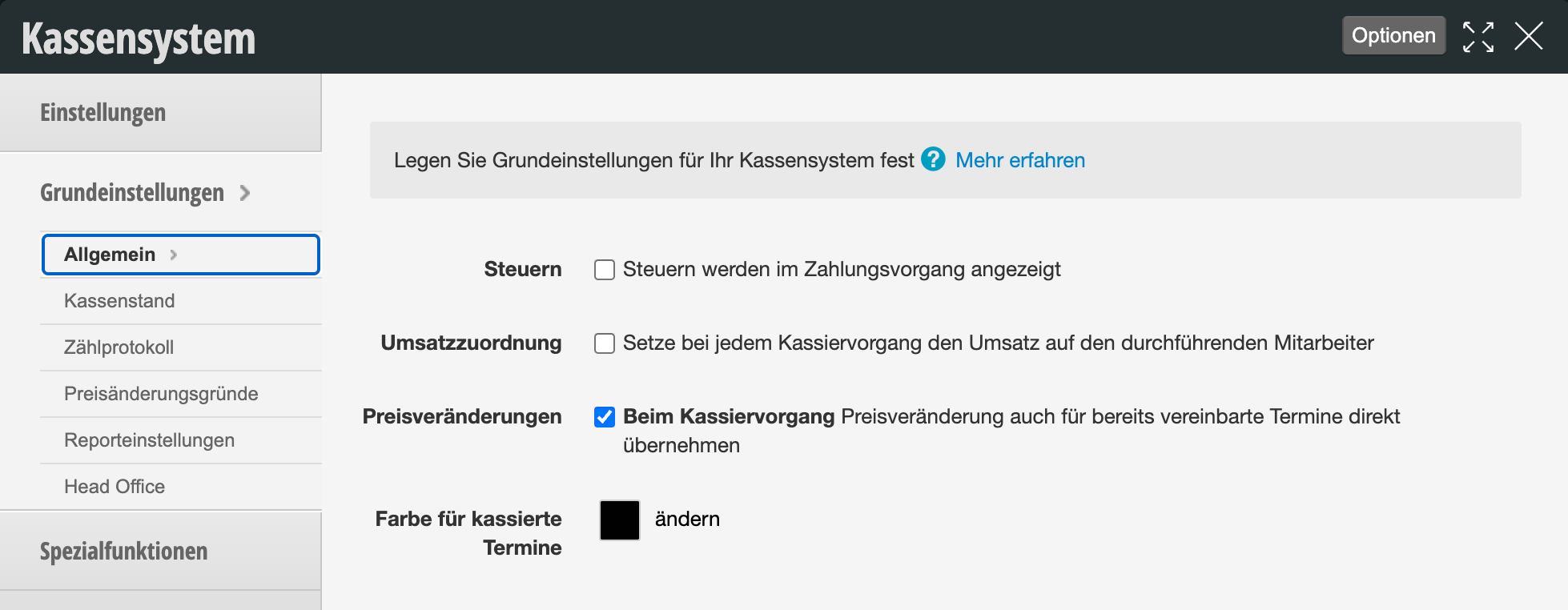 Cash register system settings with option for coloring paid appointments - General basic settings