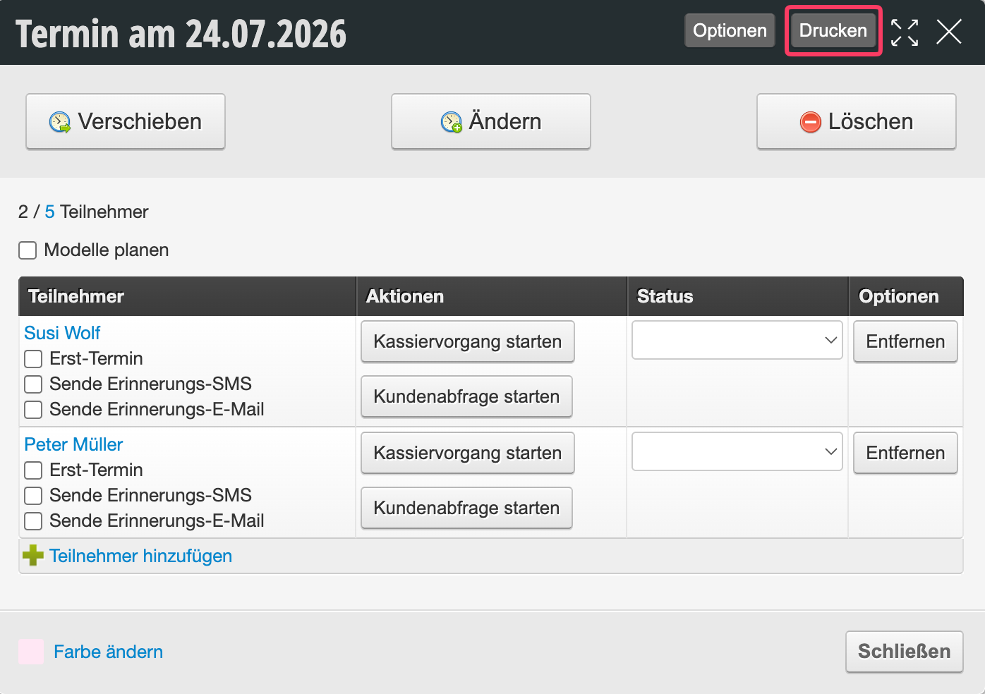 Course details view for appointment on 07/24/2026 with 2 of 5 participants (Susi Wolf and Peter Müller) and actions such as starting payment transaction and customer inquiry.