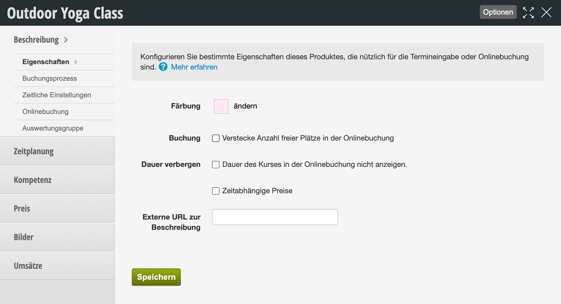 Edit dialog for course properties 'Outdoor Yoga Class' with settings for coloring, booking, duration and external URL for description.