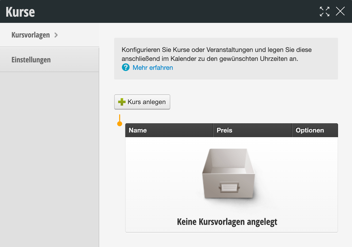 Empty course templates list with button "Create course" and instruction text for configuring courses in the calendar