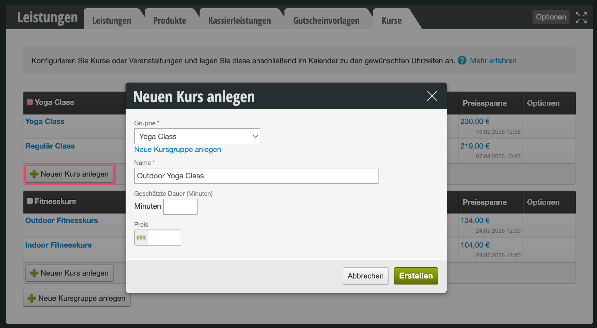 Dialog window for creating a new course with fields for group, name, duration and price