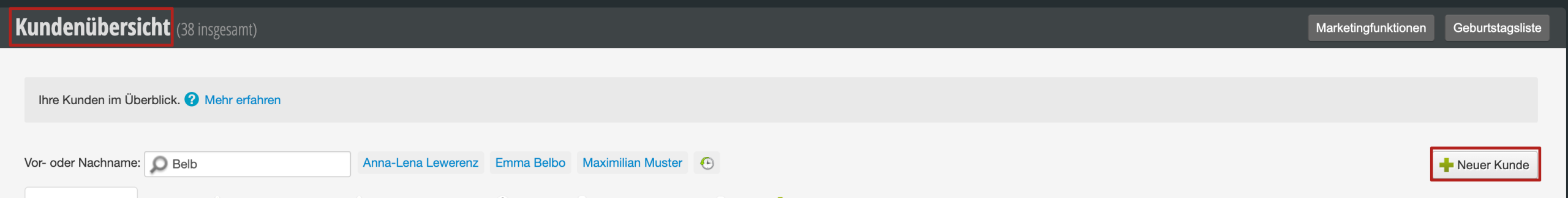 Customer overview with search field and button to create a new customer