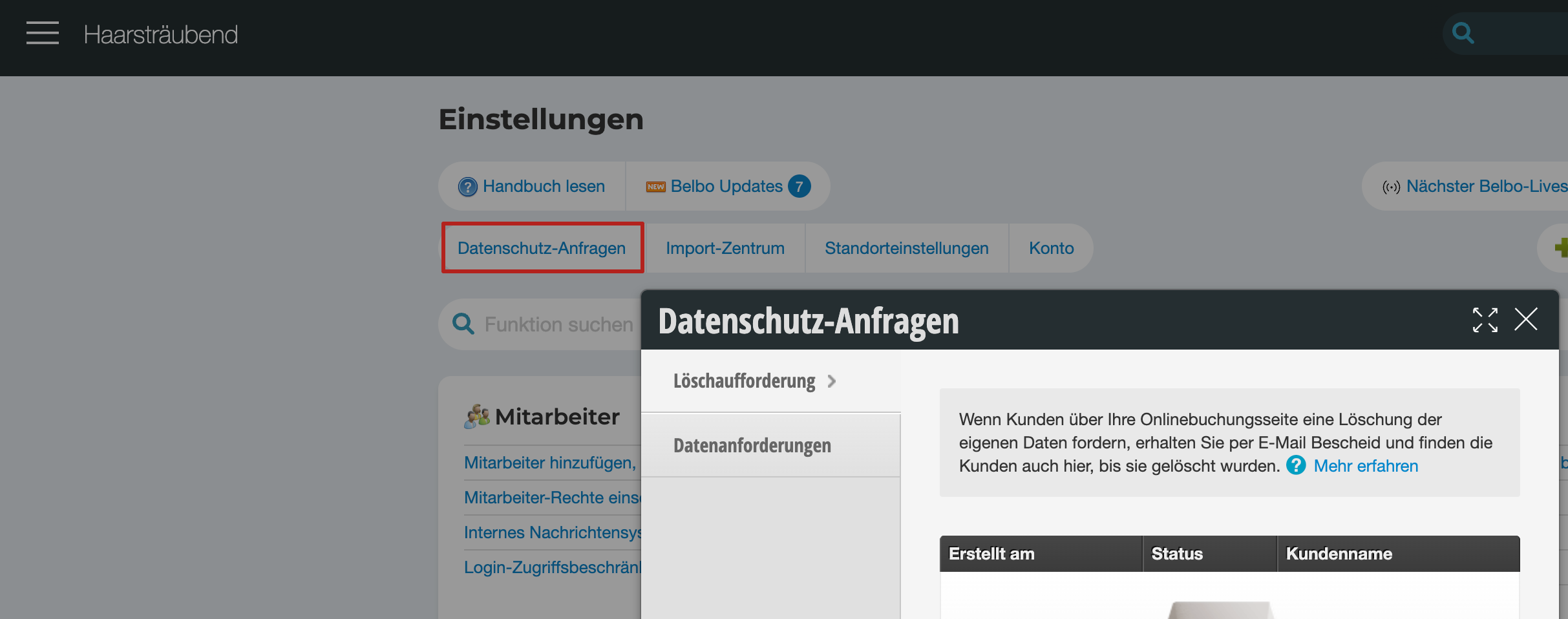 Dialog for privacy request with Delete Request and Data Request tabs, shows table with Created, Status and Customer Name columns