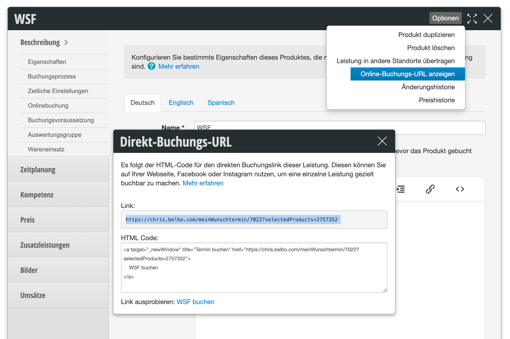 Dialog window with direct booking URL shows HTML code and booking link for a single service in Belbo
