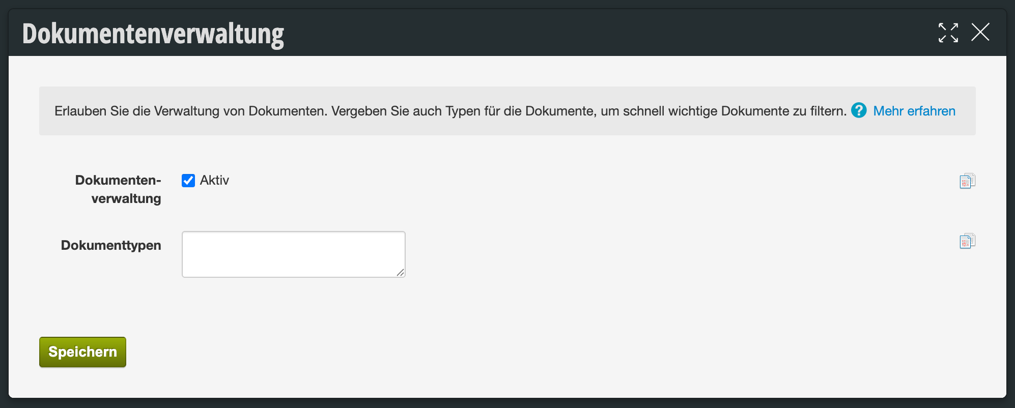 Document management settings with enabled checkbox and field for document types