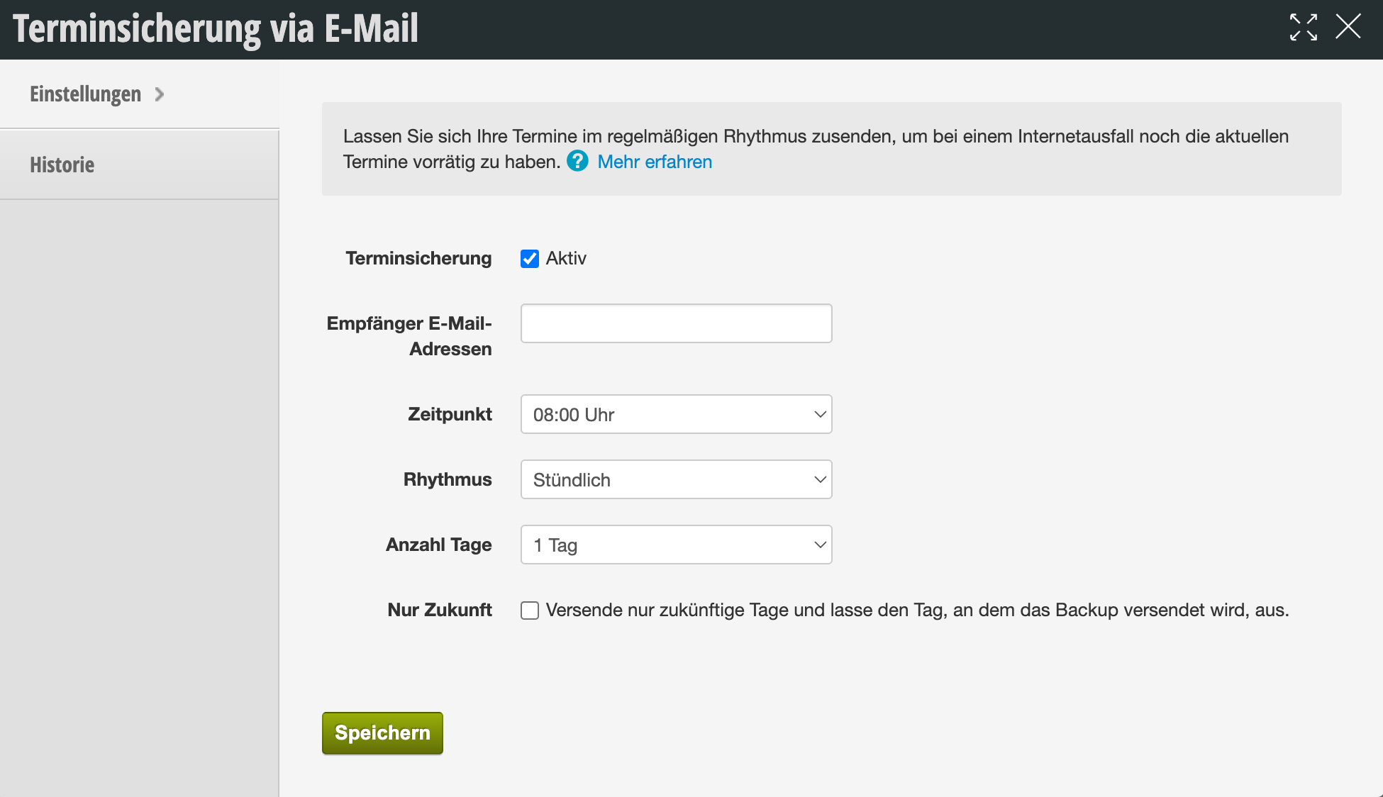 Settings area for appointment backup via email with activation option, email recipients, time, frequency and number of days