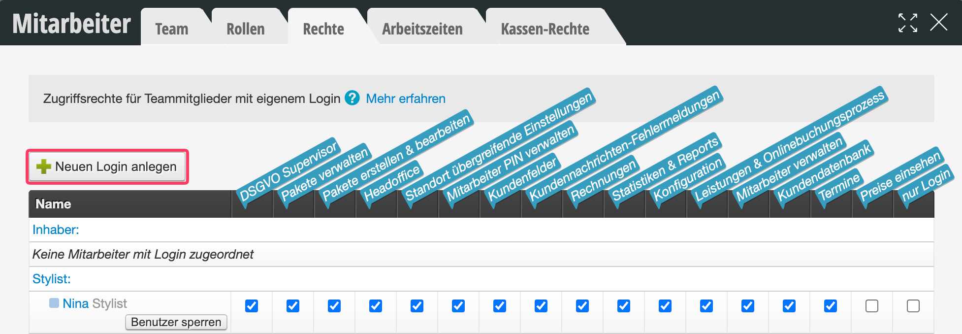 Verwaltungsübersicht für Teamlogin-Rechte mit Berechtigungsmatrix für verschiedene Funktionen wie DSGA Supervisor, Kundendatenbank und Kassenzugriff