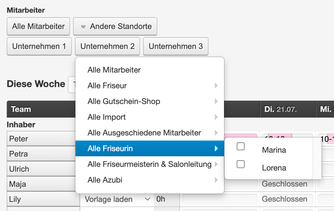 Dropdown menu for filtering employees in the schedule by teams, positions, and locations, with 'All Hairdresser' selected