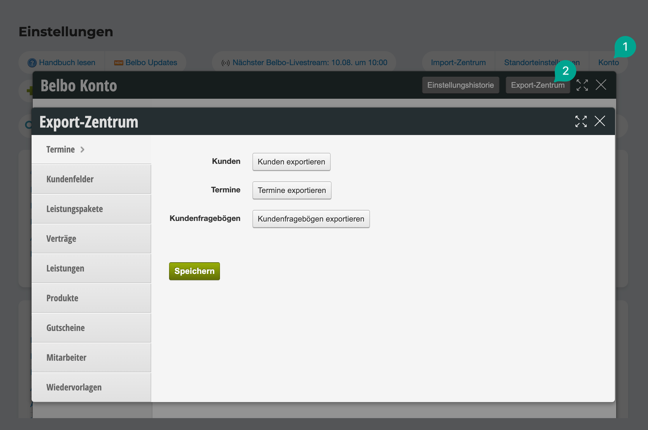 Export center with options to export customers, appointments and customer questionnaires in Belbo software