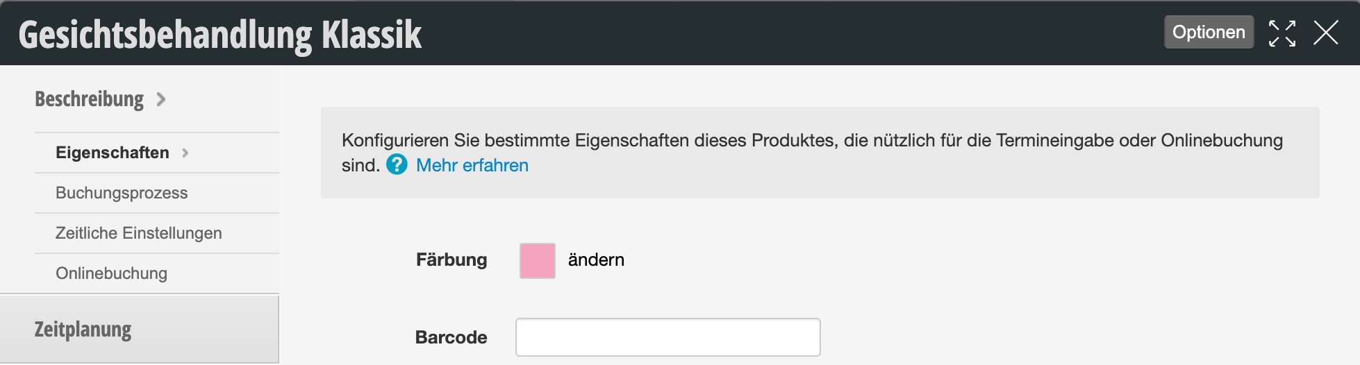 Properties dialog for service 'Facial Treatment Classic' with options for coloring and barcode