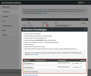 Extended settings for facial treatment with checkboxes for time settings and table for employee exceptions (trainees, master hairdressers)
