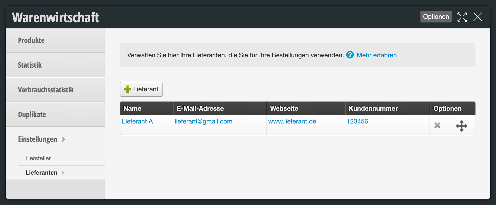 Inventory management supplier administration with table: A supplier (Supplier A) with email, website and customer number is listed. Plus button for adding new suppliers visible.