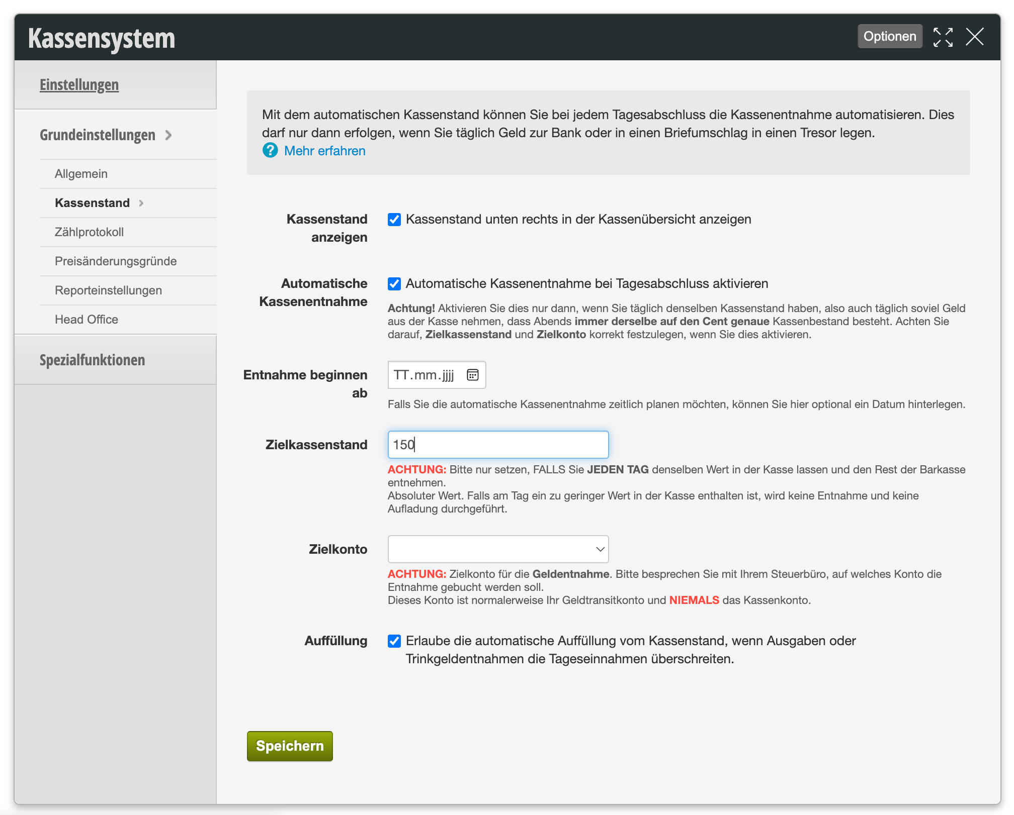 Settings area for automatic cash withdrawal with fields for target cash balance, target account and top-up