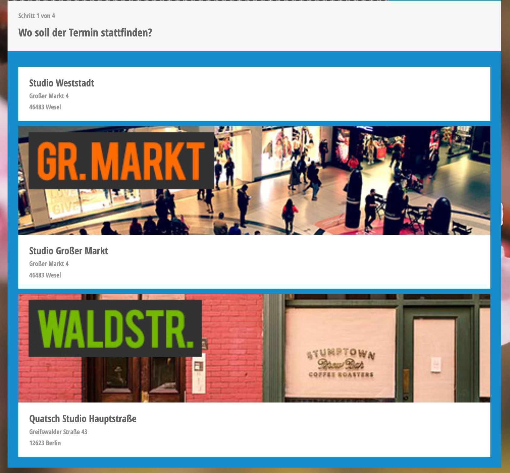 Overview of four studio locations with addresses and photos: Studio Weststadt, Studio Großer Markt, Quatsch Studio Hauptstraße