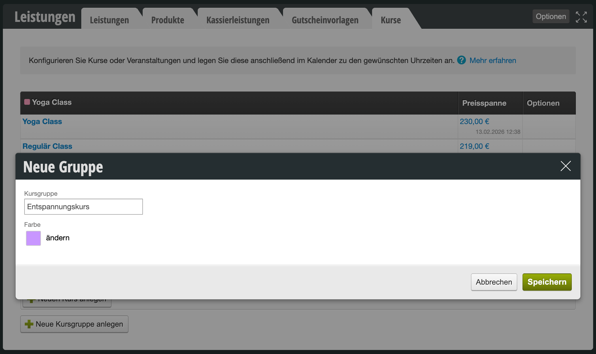 Dialog for creating a new course group with input field for course group name and color selection