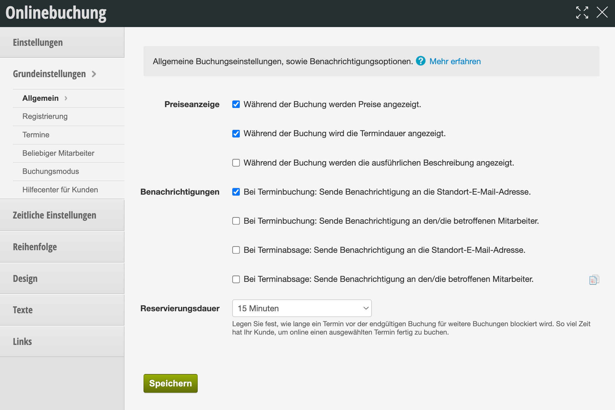 Einstellungen für Onlinebuchung: Preisanzeige, Benachrichtigungen und Reservierungsdauer konfigurieren