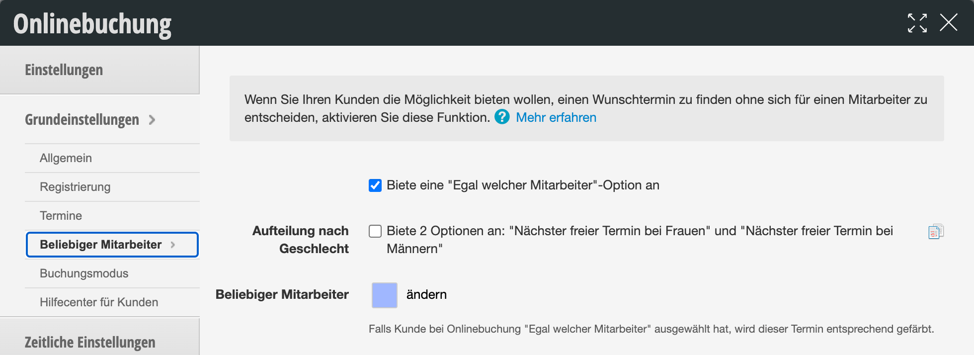 Settings for Any Employee in online booking with options for equal which employee and distribution by gender