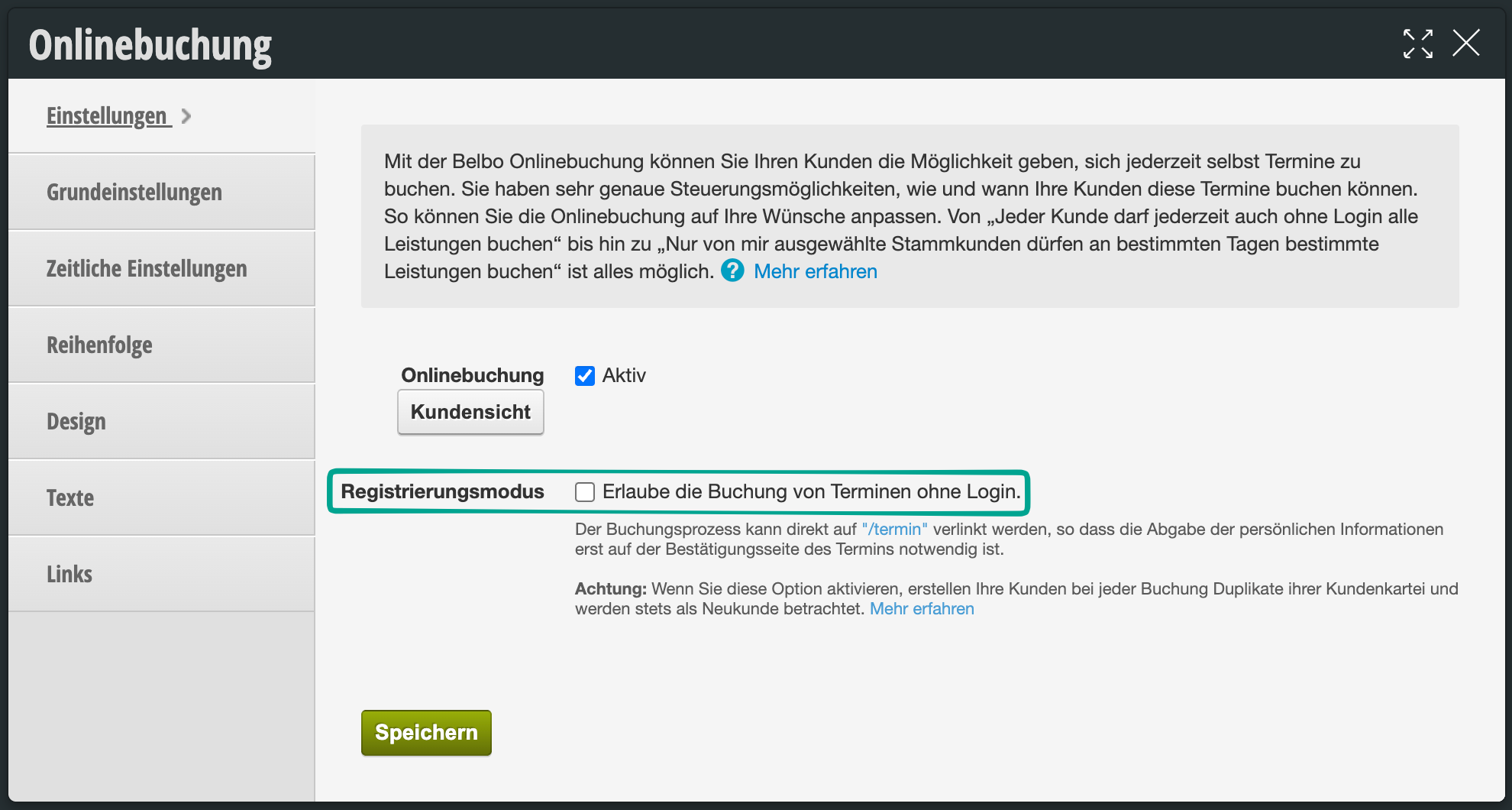 Einstellungen für Onlinebuchung mit Registrierungsmodus und Option zur Buchung ohne Login